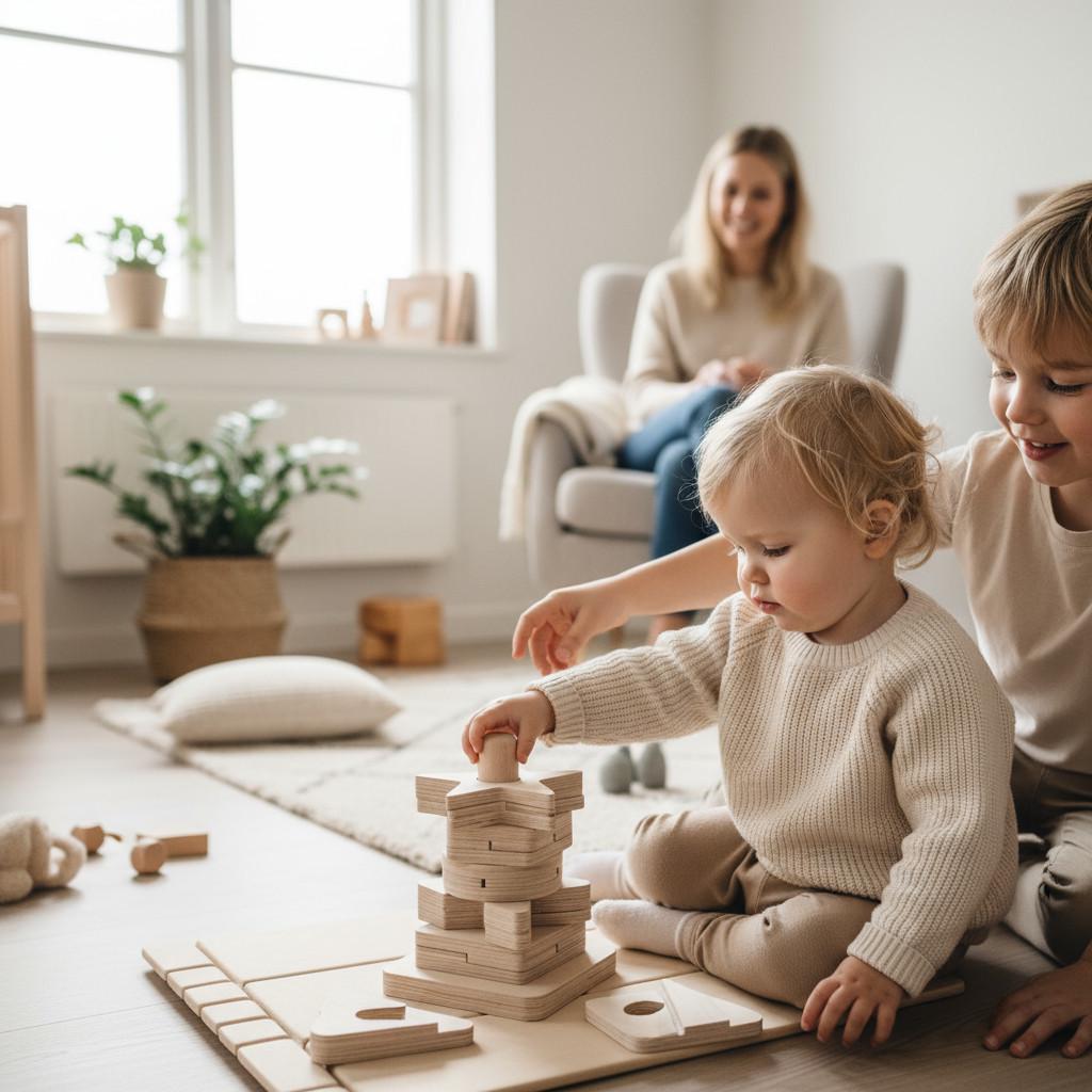 Montessori stacking puzzle: wooden tower puzzle with interlocking geometric shapes